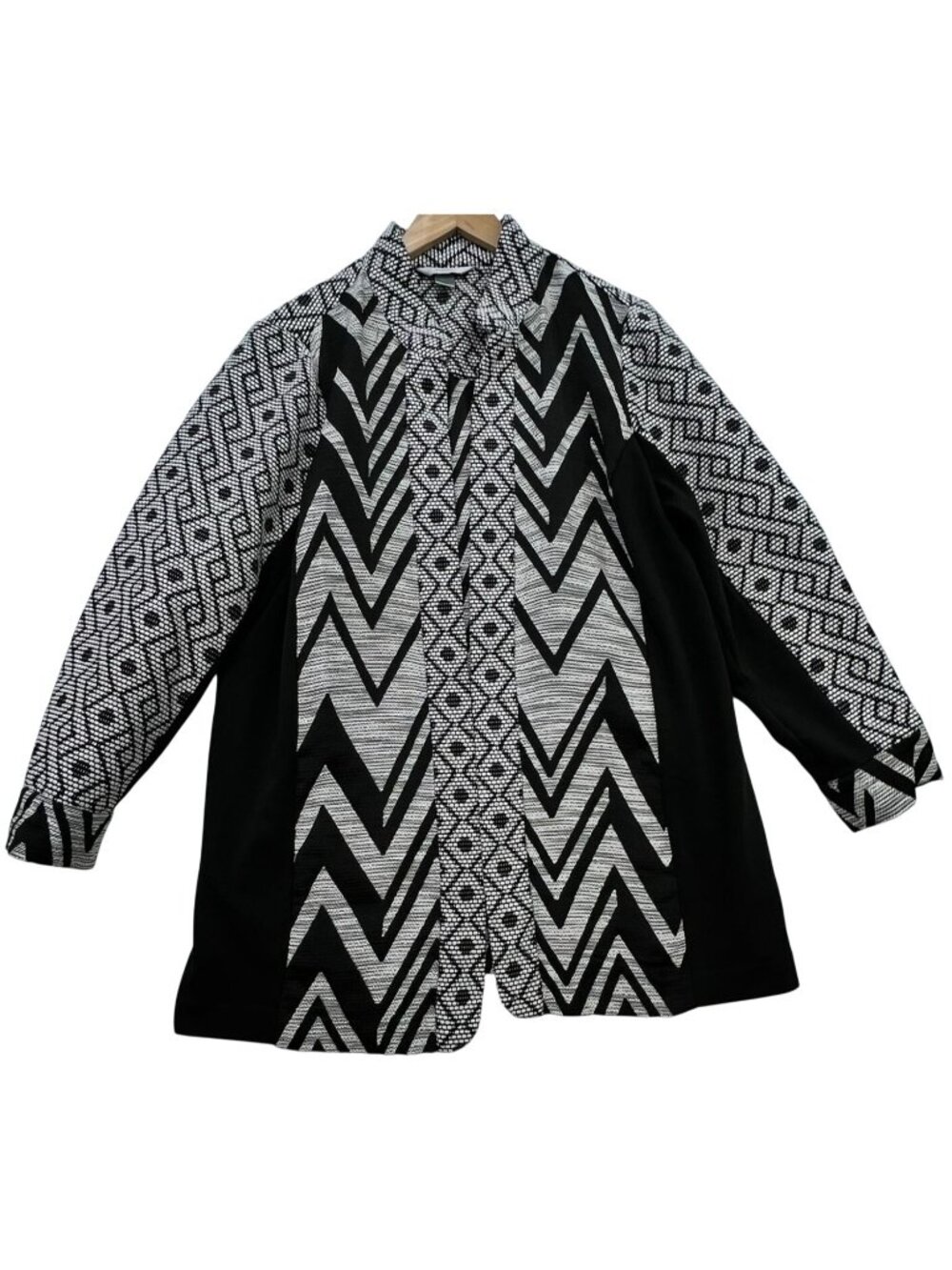 CJ Banks Womens Open Front Evening Jacket Knit Long Sleeve Sz 1X Black White Geo
